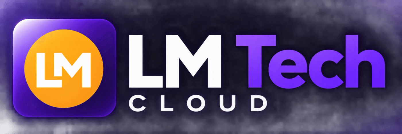 LM Tech Cloud — purple rounded-square icon with an orange circle and white LM monogram, beside the wordmark LM Tech Cloud